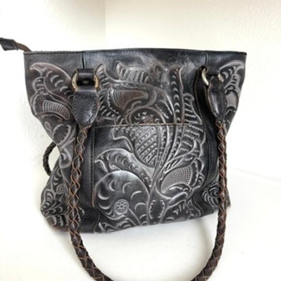 Patricia Nash Tooled Leather Tote Black Brown Fringe Handles Boho Western Bag - Picture 3 of 10